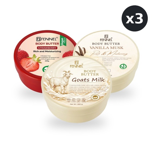 Fennel Body Butter Gift Bundle 3 x 200g – Strawberry, Vanilla Musk & Goats Milk