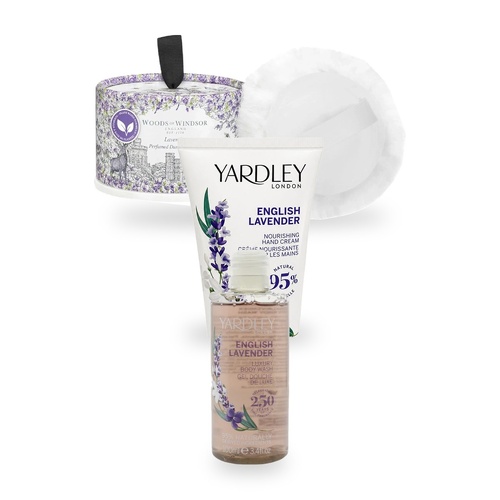 Lavender Pamper Gift Set – Woods of Windsor Powder, Yardley Hand Cream & Wash