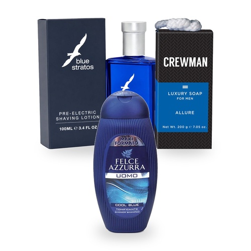 Men's Shave & Shower Set – Blue Stratos Pre Shave, Crewman Soap, Felce Uomo Wash