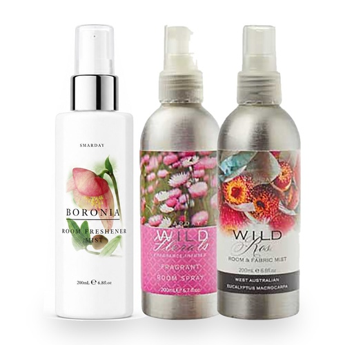 Sharday Room Spray 200ml Variety Pack – Boronia, Wild Florals & Wild Roses