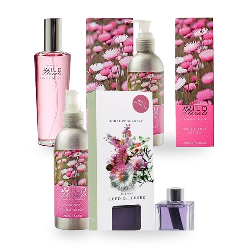 Sharday Wild Florals Gift Set 4 Piece – EDT, Lotion, Room Spray, Reed Diffuser